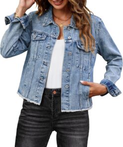 luvamia Denim Jacket for Women Distressed Jean Jackets Button Up Vintage Western Trucker Jacket Frayed Hem Pockets