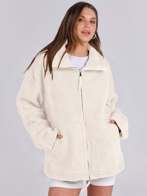 ANRABESS Womens Fleece Jacket Oversized Zip Up Sherpa Fuzzy Casual Coats Winter Fall Outerwear 2024 Clothes with Pockets - Image 2