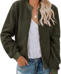 Eurivicy Women Fleece Jacket Winter Bomber Long Sleeve Faux Sherpa Fuzzy Casual Zip Up Coat Pocket