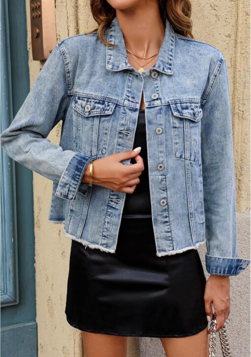 luvamia Denim Jacket for Women Distressed Jean Jackets Button Up Vintage Western Trucker Jacket Frayed Hem Pockets - Image 6