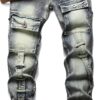 XIMXIMMTIAN Men's Biker Moto Washed Distressed Slim Fit Straight Jeans Denim