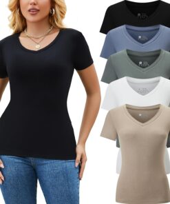 5 Pack Womens T Shirts Short Sleeve Basic Tees V Neck Fashion Tops Slim Fit Casual Summer Outfits Clothes 2025
