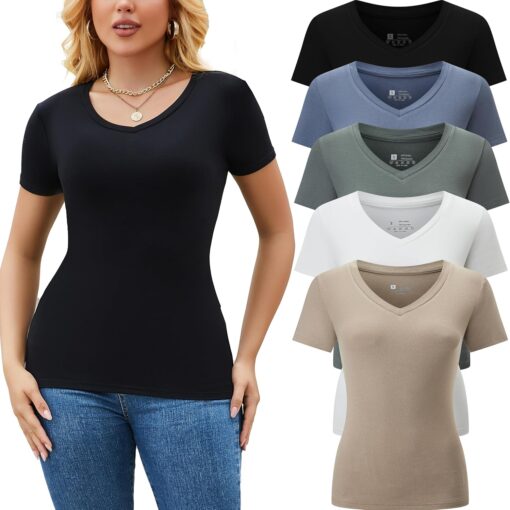 5 Pack Womens T Shirts Short Sleeve Basic Tees V Neck Fashion Tops Slim Fit Casual Summer Outfits Clothes 2025
